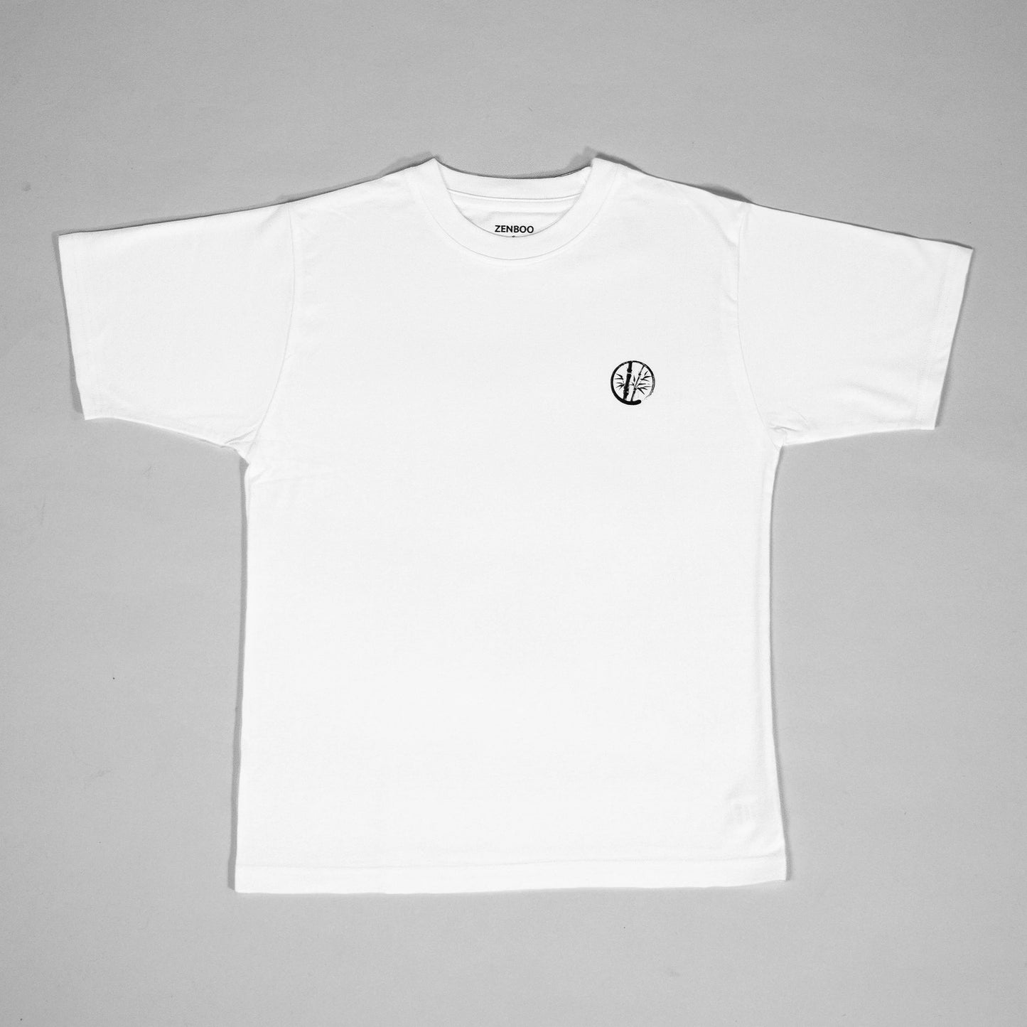 The Zenboo Original T-Shirt in white with the Zenboo logo, flat lay shirt, made from sustainable, soft, breathable bamboo fabric.